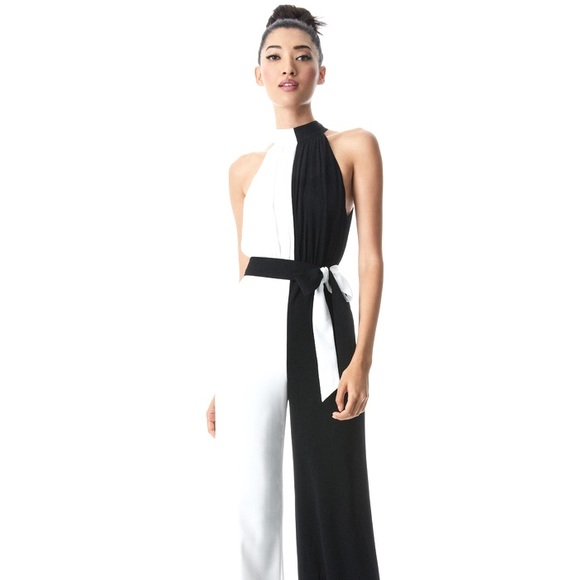 Alice + Olivia Pants - Alice + Olivia Thelma Black White Halter-neck Jumpsuit
